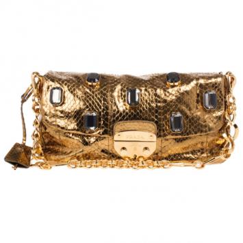 Prada Bronze Snakeskin Jeweled Clutch