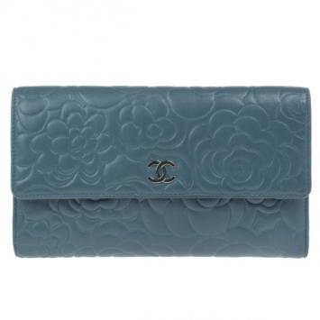 Chanel Blue Lambskin Camellia Flap Wallet