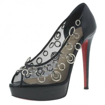 Christian Louboutin Black Mesh Pierce Peep Toe Platform Pumps Size 37.5