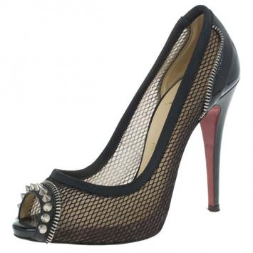 Christian Louboutin Black Mesh Spiked Shawnita Peep Toe Pumps Size 37