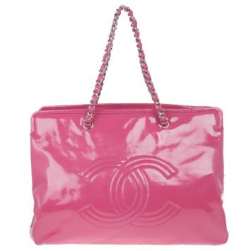 Chanel Fuschia Pink Patent Leather CC Logo Shopping Tote
