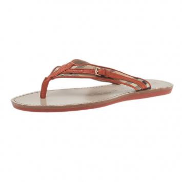 Burberry Orange Check Canvas and Leather Thong Sandals Size 40
