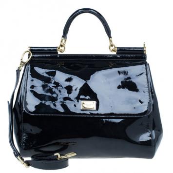 Dolce and Gabbana Black Patent Leather Large Miss Sicily Top Handle Satchel
