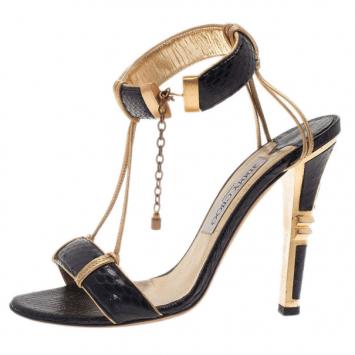 Jimmy Choo Black Python Embossed Ankle Strap Sandals Size 37.5