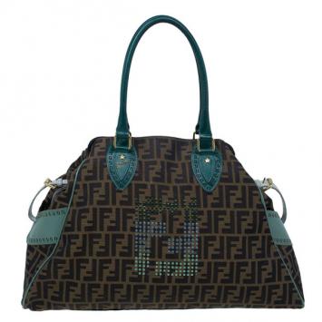 Fendi Tobacco Zucca and Green Trim Large Studded Du Jour Tote