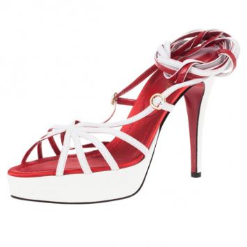 Dolce and Gabbana White Patent Leather Wrap Around Platform Sandals Size 40