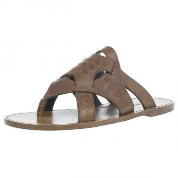 Pre Owned Bottega Veneta Brown Leather Intrecciato Slip On Strappy Sandal Size 44