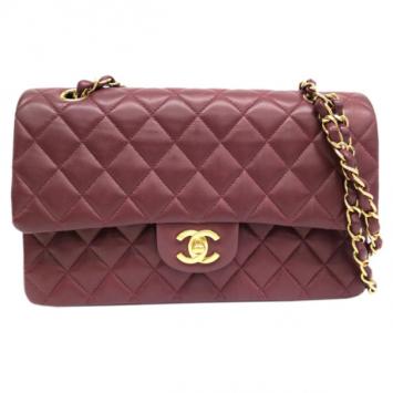 Chanel Maroon Lambskin Matelasse Medium Double Flap Shoulder Bag