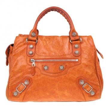 Balenciaga Orange Lambskin Giant Mid Day Satchel