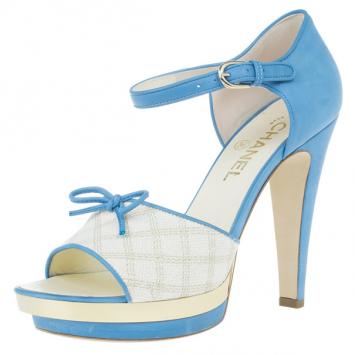 Chanel Blue and Cream Leather Ankle Strap Sandals Size 39