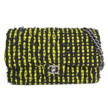 Chanel Black and Yellow Tweed Striped Small Double Flap Shoulder Bag