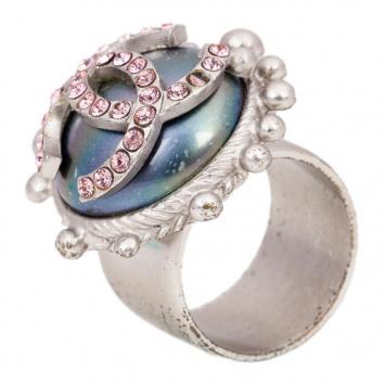 Chanel CC Logo Pearl Pink Crystal Ring Size 54.5
