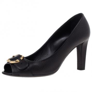 Gucci Brown Leather Ride GG Buckle Peep Toe Pumps Size 39