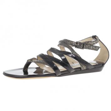 Jimmy Choo Patent and Snake Embossed Leather Thong Gladiator Sandals Size 38.5