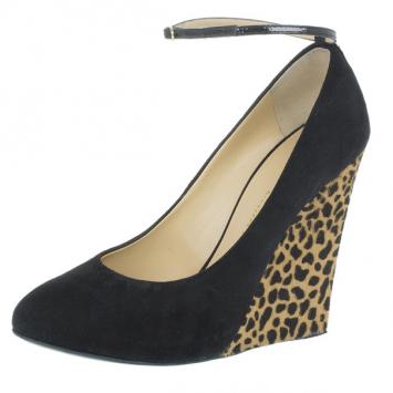Giuseppe Zanotti Black and Leopard Suede Ankle Strap Wedge Pumps Size 38.5
