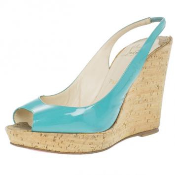 Christian Louboutin Blue Patent Jean Paul Slingback Cork Wedges Size 38