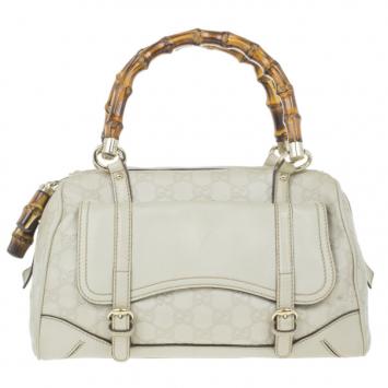 Gucci Off White Guccissima Bamboo Front Pocket Boston Bag