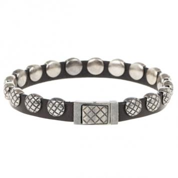 Pre Owned Bottega Veneta Nero Intrecciato Oxidized Silver Cuir Bracelet 24CM