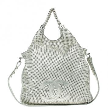 Chanel Silver Metallic Leather Perforated Rodeo Drive Grand Shopping Hobo