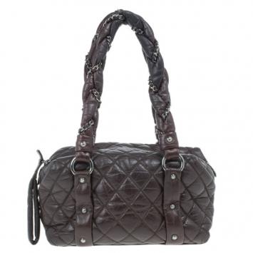 Chanel Brown Lambskin Bubble Quilt Bowler Satchel