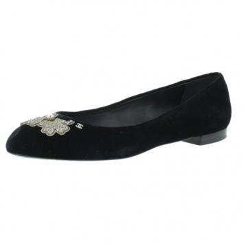 Chanel Black Velvet Crystal Bow Ballet Flats Size 40.5