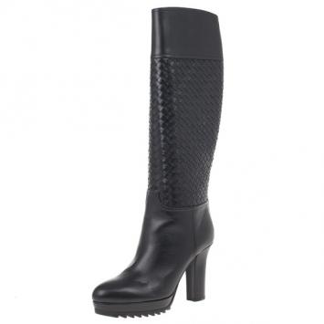 Bottega Veneta Black Leather Intrecciato Platform Knee Boots Size 39