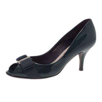 Salvatore Ferragamo Dark Green Patent Peep Toe Pumps Size 35.5