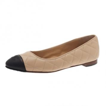 Chanel Beige and Black Quilted Leather Ballet Flats Size 35