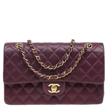 Chanel Maroon Lambskin Matelasse Medium Double Flap Shoulder Bag