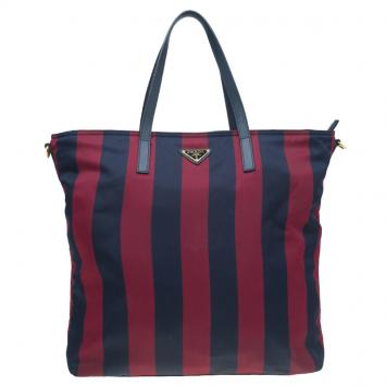 Prada Bicolor Stripped Nylon Shopping Tote