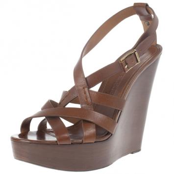 Burberry Brown Delamer Leather Platform Wedge Sandals Size 41
