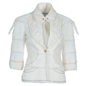 Pre Owned Chanel Off White Metallic Detail Tweed Jacket S