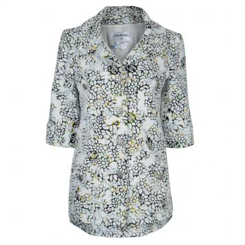 Pre Owned Chanel White Floral Print Tweed Jacket L