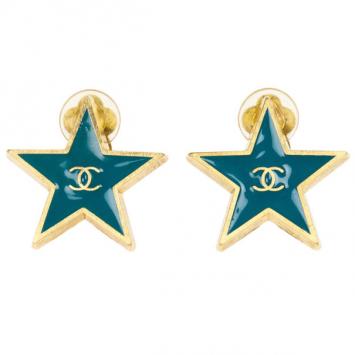 Chanel Star Blue Gold Tone Metal Earrings