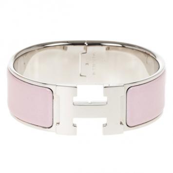 Hermes Clic Clac H Wide Pink Enameled Palladium Plated Bracelet GM
