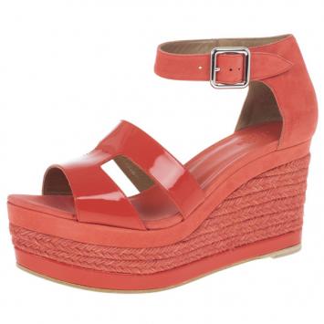 Hermes Peach Patent Leather and Suede Ilana Espadrille Wedge Sandals Size 38