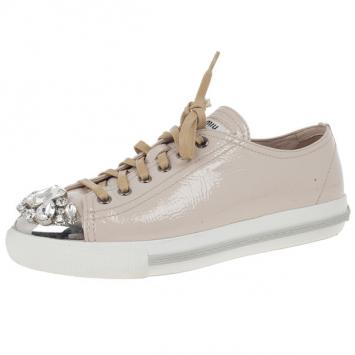 Miu Miu Nude Patent Leather Jewel Studded Cap Toe Sneakers Size 38