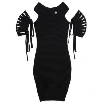 Chanel Black Textured Chevron Wool Dress M