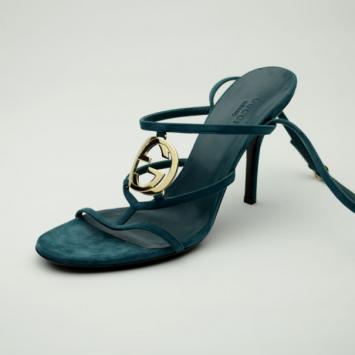 Gucci 'GG' Cage Metallic Leather Mid Heel Sandals Size 39.5