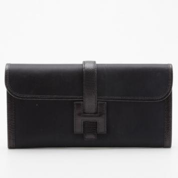 Hermes Black Satin Lizard Jige Clutch