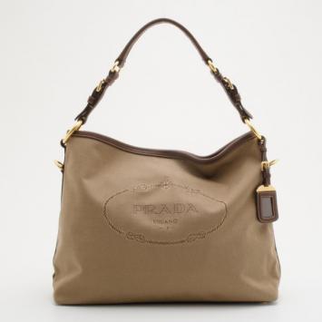 Prada Beige Logo Jacquard Hobo 