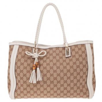 Gucci GG Canvas and White Leather Bella Tote