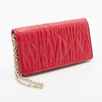 Christian Dior Red Leather Ruched Cannage Leather 'Delices' Convertible Wallet