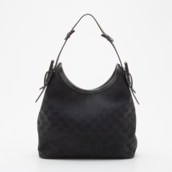 Gucci Black GG Canvas Medium Horsebit Hobo Bag