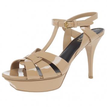 Saint Laurent Paris Nude Patent Tribute Platform Sandals Size 40