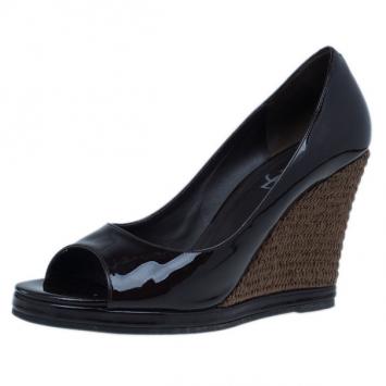 Saint Laurent Paris Brown Dolly Patent Peep Toe Wedges Size 40.5