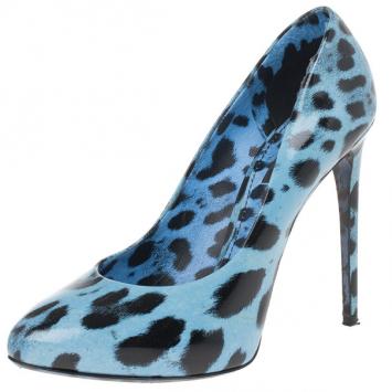Dolce and Gabbana Blue Leopard Print Patent Pumps Size 38