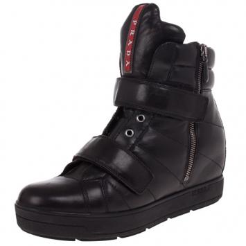 Prada Sport Black Leather High Top Wedge Sneakers Size 38