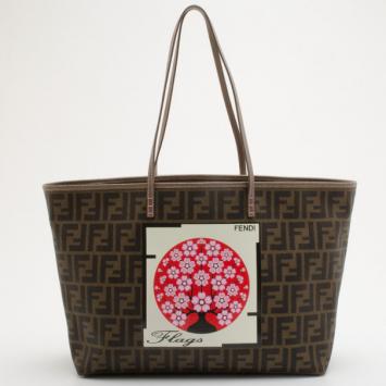 Fendi Brown Zucca Spalmati Flags Cherry Tree Print Tote