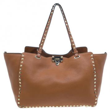 Valentino Brown Leather Medium RockStud Clasp Tote